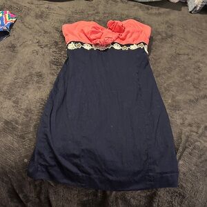 Coral and Navy Strapless Dress